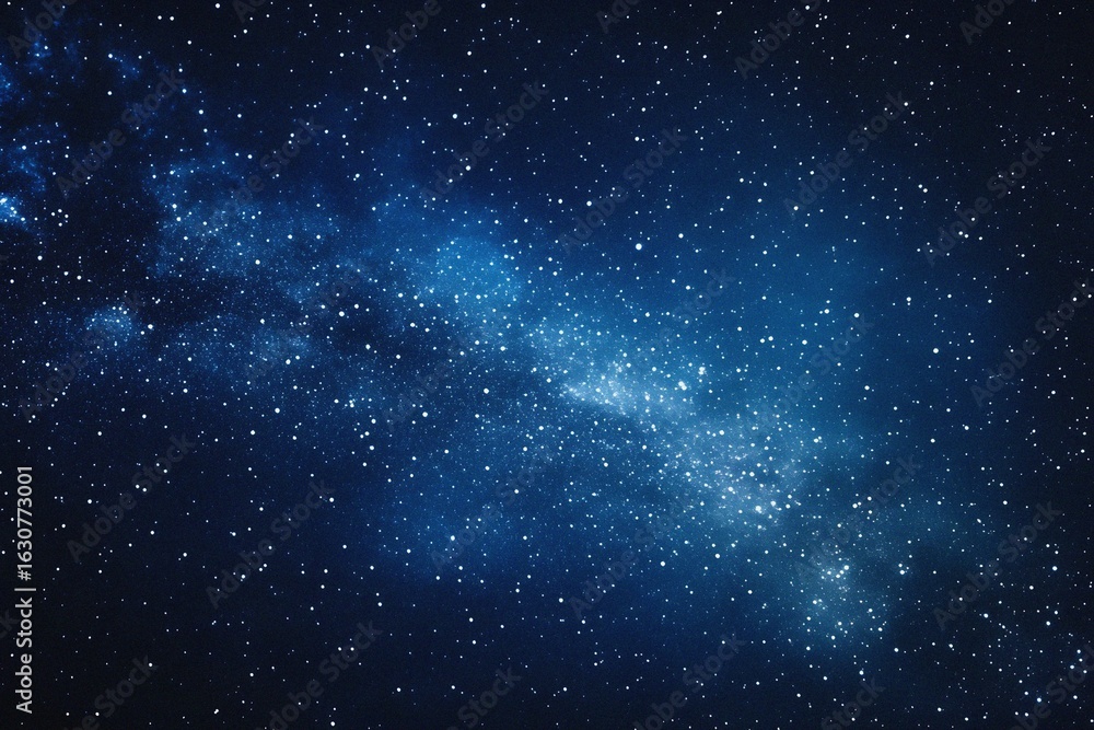 Fototapeta premium Starry sky background, blue night sky full of stars, glowing stars in the dark space, starry background, dark night, stars in the distance, starlight, dark background with a blue glow, night sky. 