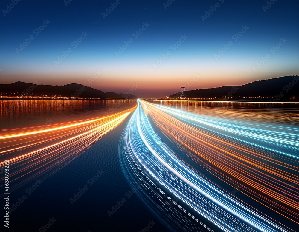Obraz premium reflective light trails on water at night