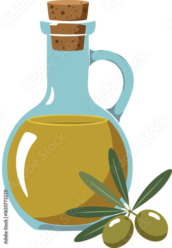 Olive oil bottle with olives and green leaves natural cooking ingredient vector illustration 