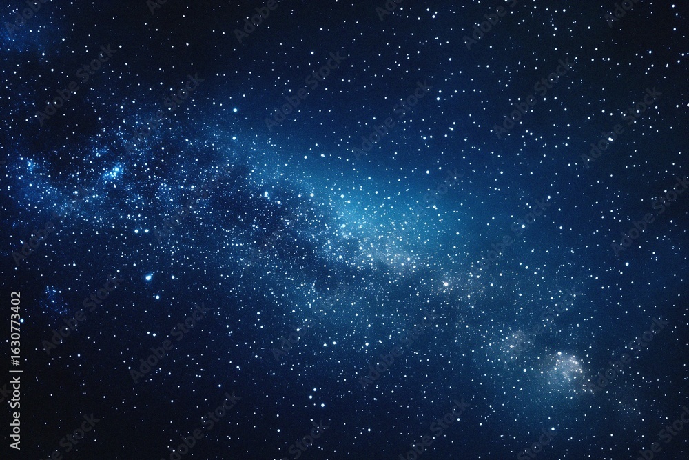 Fototapeta premium Starry sky background, blue night sky full of stars, glowing stars in the dark space, starry background, dark night, stars in the distance, starlight, dark background with a blue glow, night sky. 