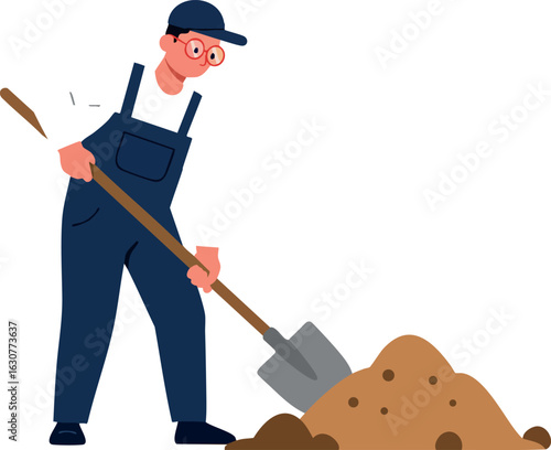 Man Digging with Shovel Wearing Blue Overalls and Cap Vector Illustration 