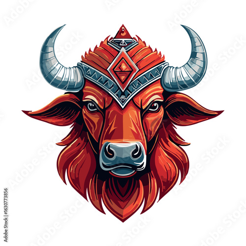  a red aztec buffalo with his head turned forward