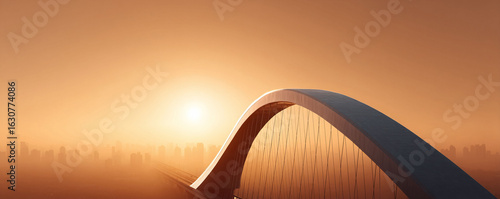 Majestic bridge spans a hazy, golden cityscape at sunset. A powerful symbol of connection and ambition. Ideal for travel, urban, or aspirational themes.