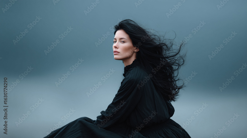 Elegant woman with flowing dark hair against a muted blue backdrop. Evokes mystery, sophistication, and inner strength. Ideal for beauty, fashion, or emotional storytelling. Elegant woman with flowing dark hair against a muted blue backdrop. Evokes mystery, sophistication, and inner strength. Ideal for beauty, fashion, or emotional storytelling.