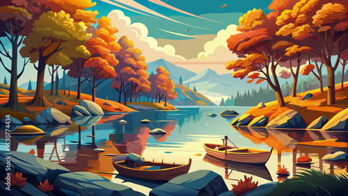 Calm water reflects vibrant trees perfectly. Wooden boats rest near rocky shores. Mist curls above tranquil surfaces. Nature’s rich palette enchants every eye with timeless, serene, and breathtaking a