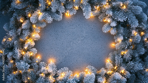 Snowy Pine Branches with Warm Christmas Lights Forming a Festive Winter Frame

