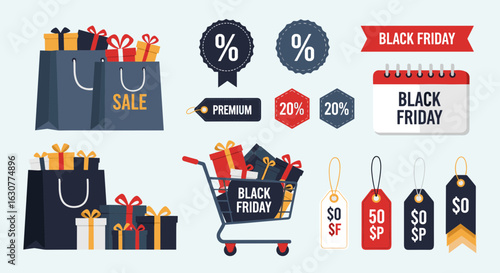 Black friday sale graphic with shopping bags, cart, and price tags on transparent background