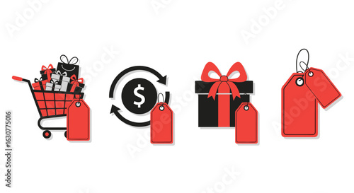 Shopping cart with gifts, money exchange icon, gift box, and price tags on transparent background