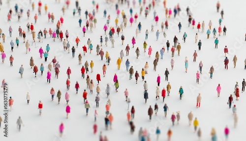 Aerial view of a vibrant, diverse crowd walking across a stark white background, showcasing unity and individuality.