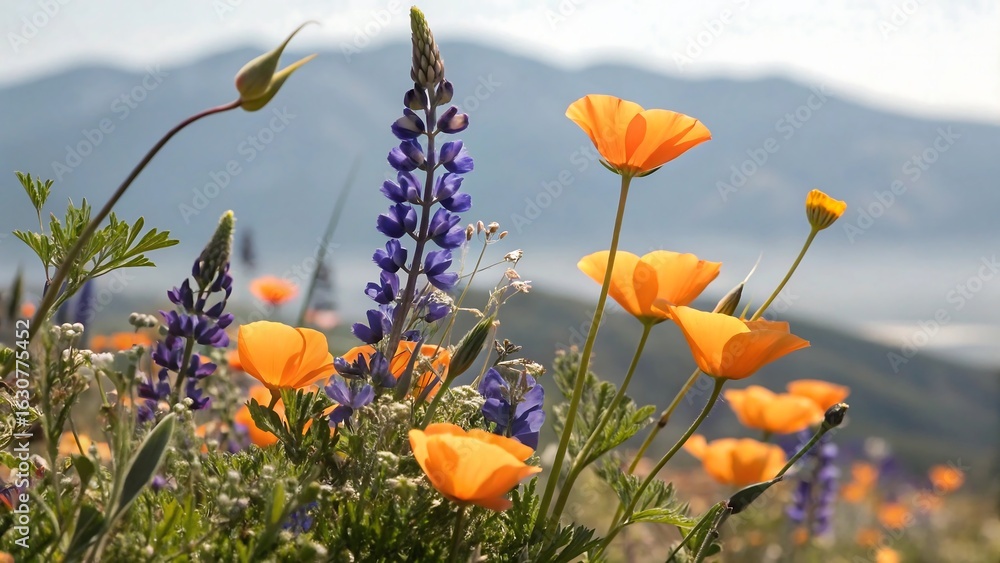 Obraz premium Vibrant california poppies and purple lupine bloom in a mountain meadow landscape