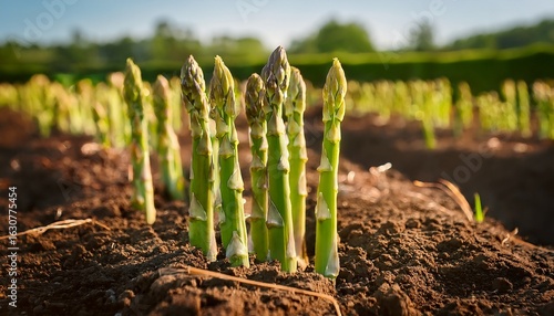closeup of fresh green asparagus spears growing in a farm field