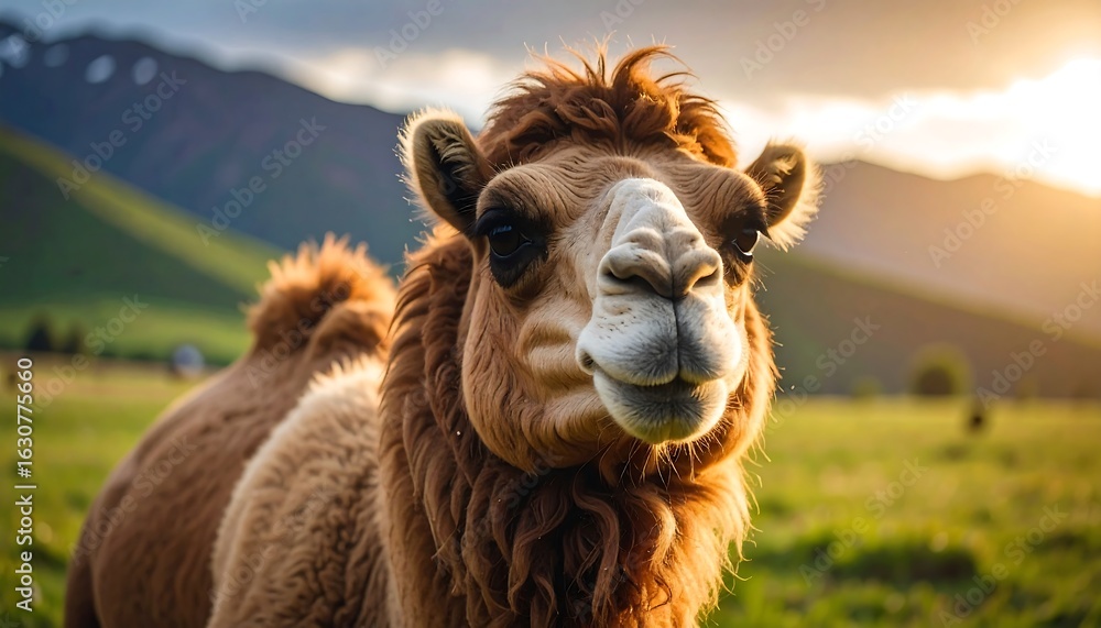 Obraz premium Camel in a meadow at sunset