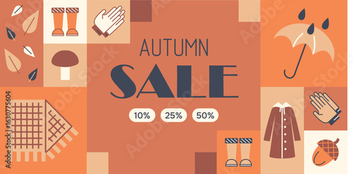 Banner Autumn Sale with elements of Clothes and Nature. Discounts on gloves, rubber boots, wool coat and scarf. Square Mosaic on background with falling leaves, mushroom and rain. Vector illustration