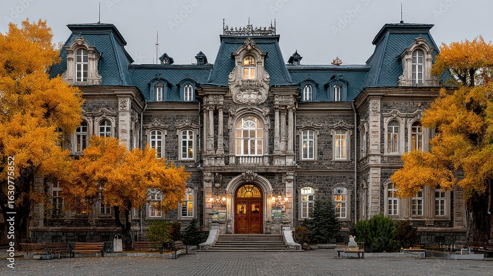 Obraz premium Grand stone mansion, autumnal trees