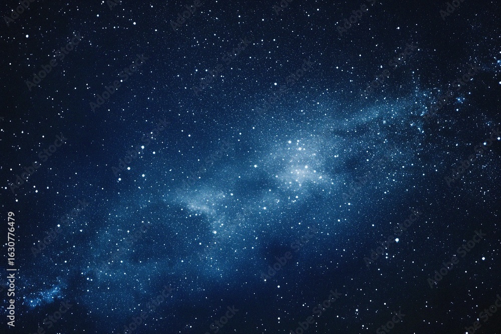 Naklejka premium Starry sky background, blue night sky full of stars, glowing stars in the dark space, starry background, dark night, stars in the distance, starlight, dark background with a blue glow, night sky. 