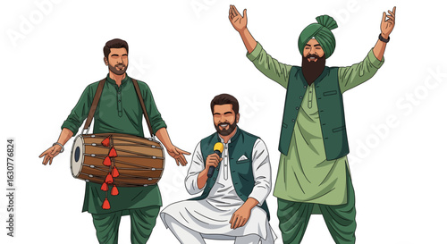 Traditional Punjabi Cultural Performance Featuring Dhol Player, Singer, and Dancer in Green and White Kurta Pajamas with Turban and Microphone 14 August celebration concept 
