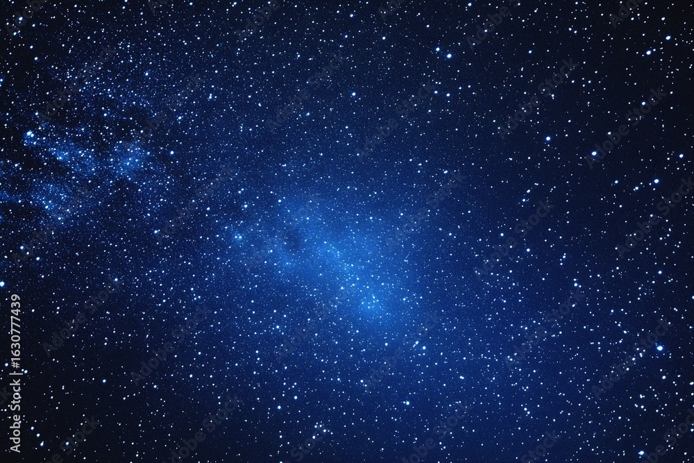 Fototapeta premium Starry sky background, blue night sky full of stars, glowing stars in the dark space, starry background, dark night, stars in the distance, starlight, dark background with a blue glow, night sky. 