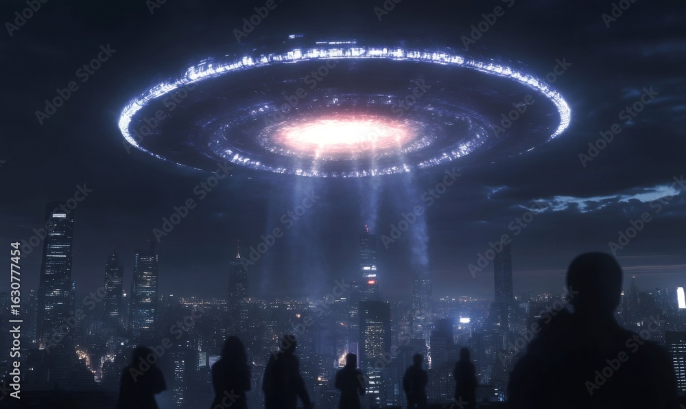 Obraz premium Silhouetted people are observing a large unidentified flying object hovering over a brightly lit city at night
