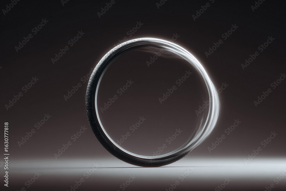 Obraz premium Dynamic cycling concept. A sleek, fastspinning tire blurs in motion, suggesting speed, fitness, and movement. Great for sport, technology, and innovation themes.