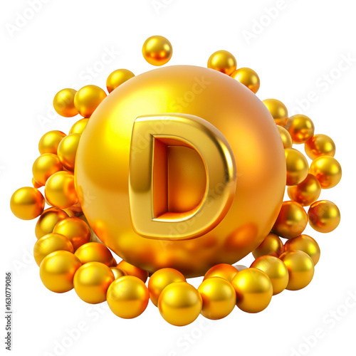 3d golden vitamin d molecule with spheres isolated on transparent background
