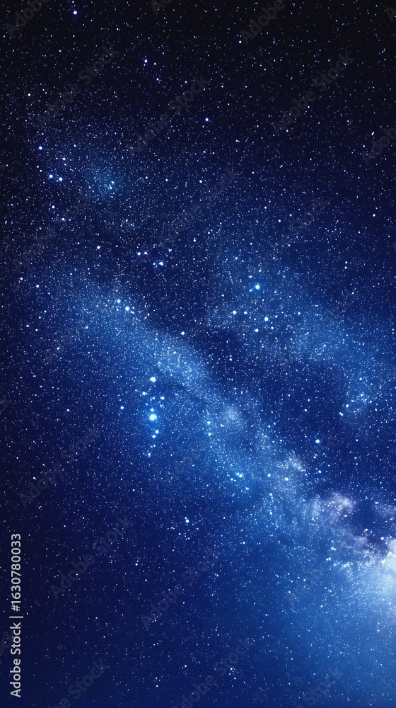 Fototapeta premium Starry sky background, blue night sky full of stars, glowing stars in the dark space, starry background, dark night, stars in the distance, starlight, dark background with a blue glow, night sky. 