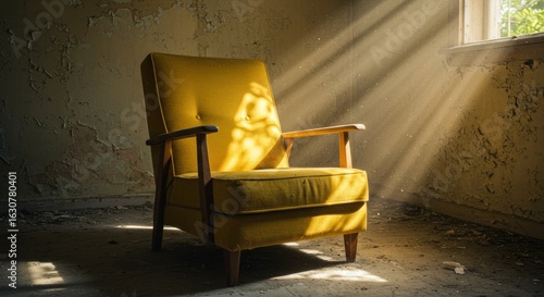 Sunlit antique yellow chair in abandoned room