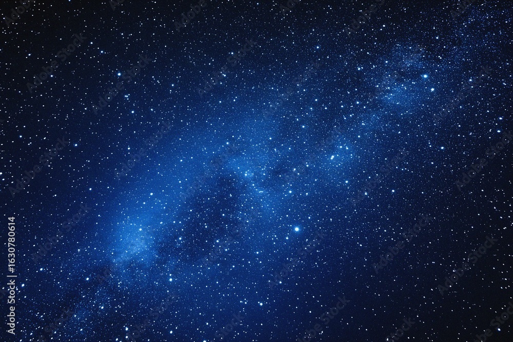 Fototapeta premium Starry sky background, blue night sky full of stars, glowing stars in the dark space, starry background, dark night, stars in the distance, starlight, dark background with a blue glow, night sky. 