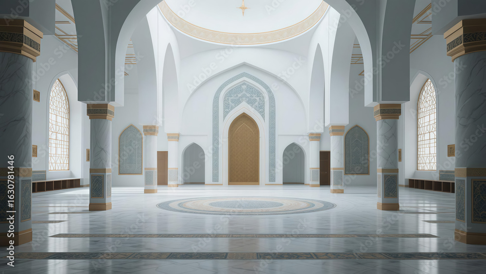 Fototapeta premium Elegant interior of a modern mosque with white marble columns, arched windows, and intricate Islamic patterns in a serene atmosphere.