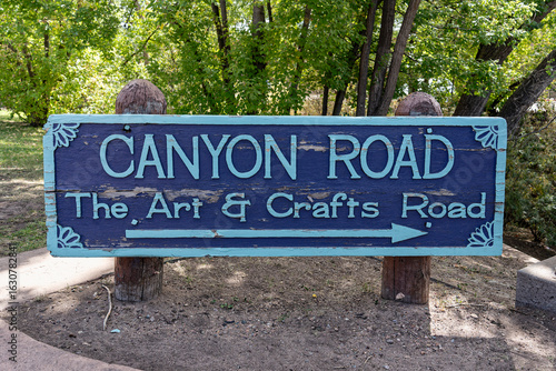 Sign for Canyon Road in Santa Fe, New Mexico. Canyon Road is known as a destination for art galleries, boutiques, and restaurants.