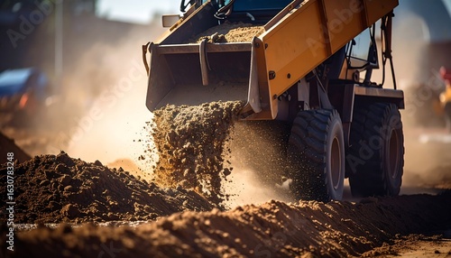 Dump truck unloading sand onto roadbed