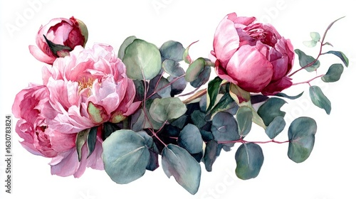 Fototapeta Naklejka Na Ścianę i Meble -  A delicate watercolor illustration of pink peonies and eucalyptus leaves, showcasing botanical beauty.
