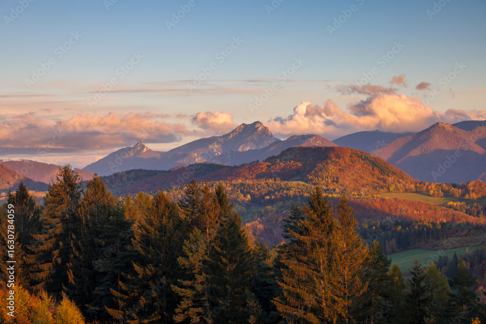 Obraz premium Autumnal mountain landscape with warm light highlighting trees and peaks against a blue, cloudy sky. The Mala Fatra national park in Slovakia, Europe.