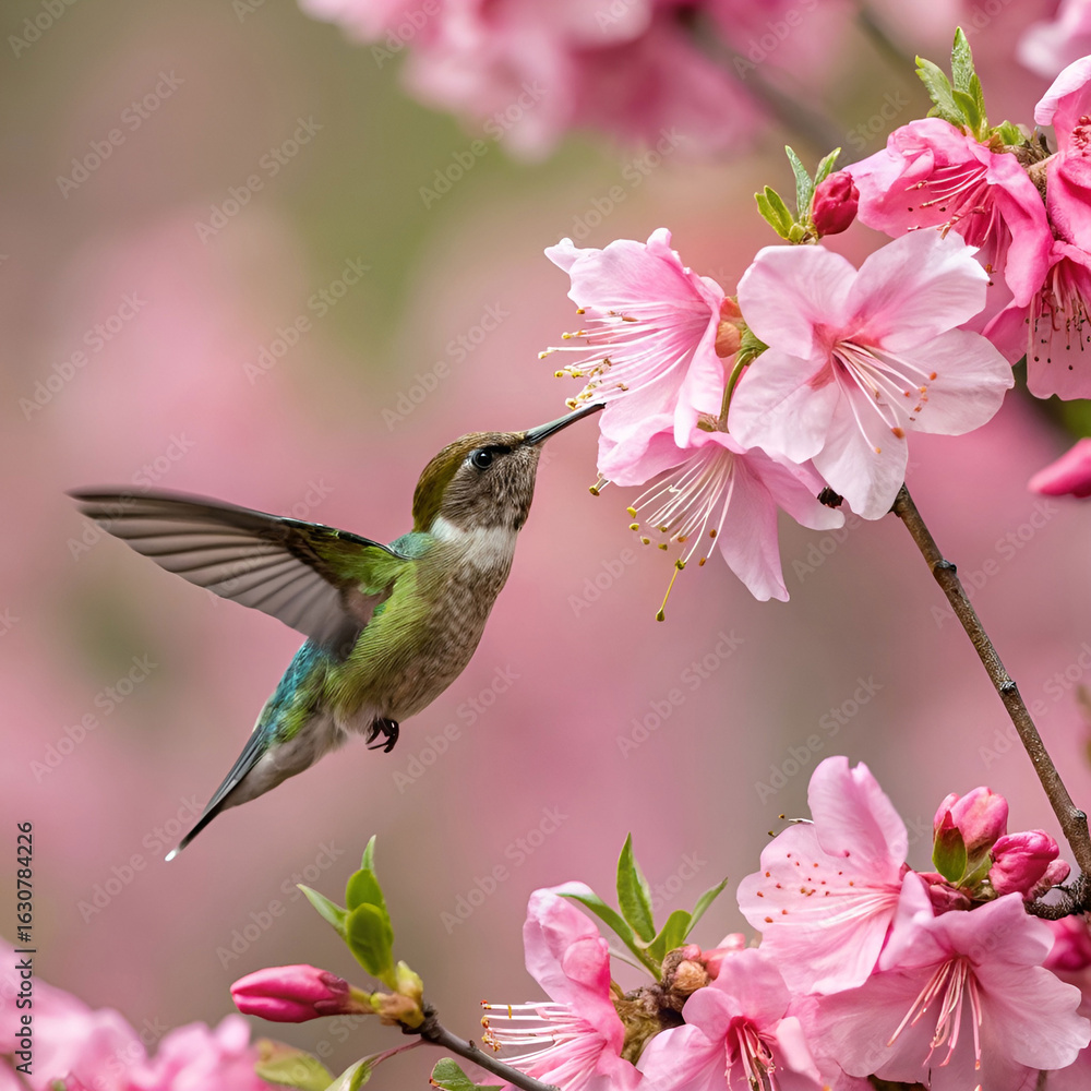 Fototapeta premium hummingbird feeding on pink blossoms ask