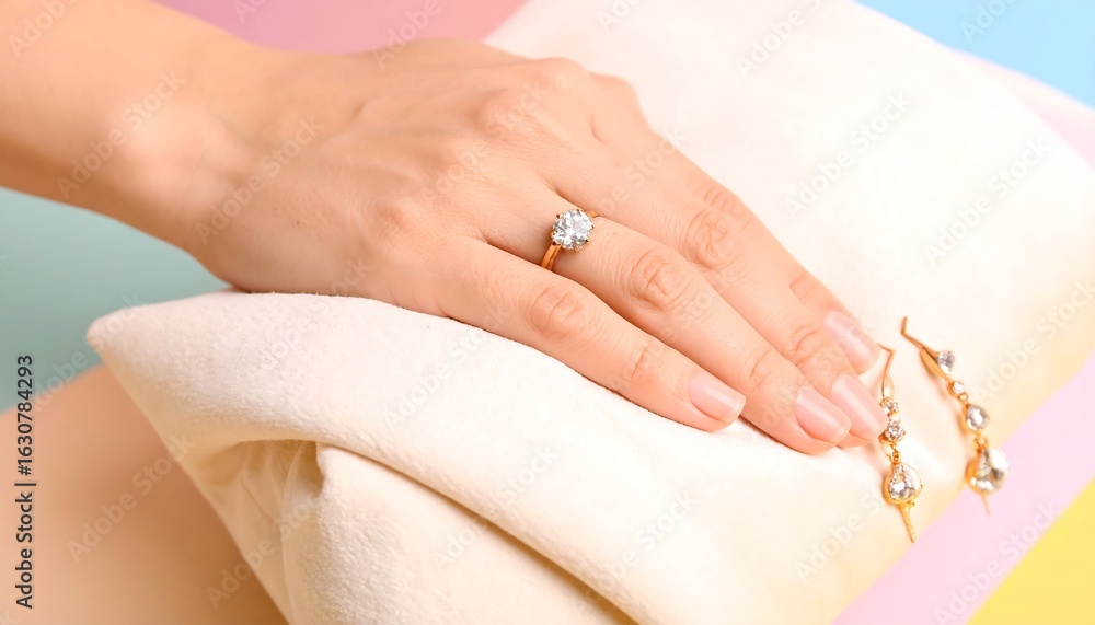 Naklejka premium Woman's hand rests on fabric, showcasing a diamond ring and earrings