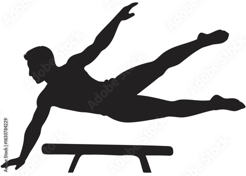 Silhouette of a male gymnast performing a horizontal split on a balance beam in a dynamic pose created with generated ai