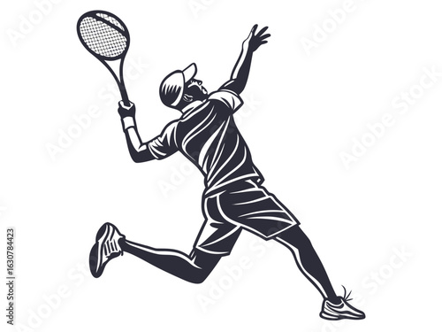 Silhouette of a tennis player serving with a racket in mid air against a white plain background created with generated ai