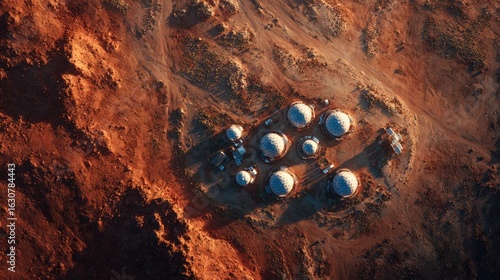 Top down Satellite view of a terraformed Mars colony geometric domes and red soil sci-fi realism