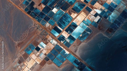 Top down Satellite view of a massive solar farm in the desert geometric panels shimmering in heat