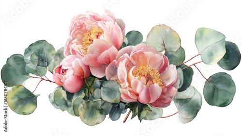 Fototapeta Naklejka Na Ścianę i Meble -  A delicate watercolor illustration of pink peonies and eucalyptus leaves, showcasing botanical beauty.

