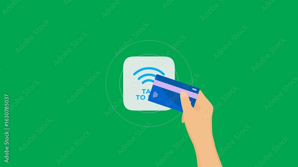 Tap to pay contactless flat animation with hand holding credit card ...