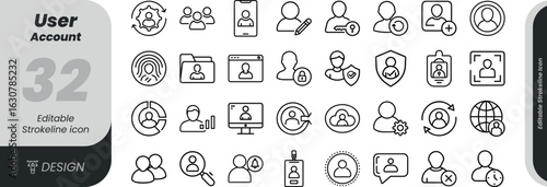 Vector art of set of user account and profile icons representing people, settings, and digital interactions, isolated on white background transparent background