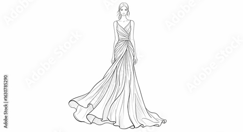 Graceful line art of a female figure in a sophisticated wrap gown. Fashion design concept illustration on a white background.
