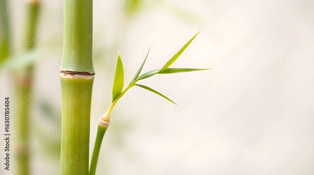 Fototapeta premium Bamboo stem with leaves on blurred background.