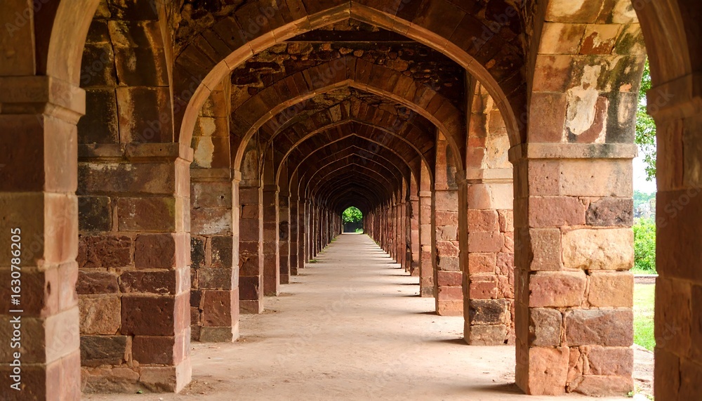 Naklejka premium Ancient arched colonnade, long perspective