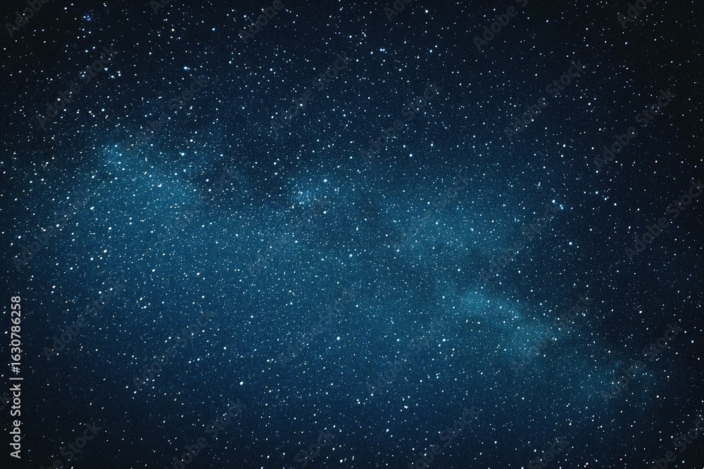 Fototapeta premium Starry sky background, blue night sky full of stars, glowing stars in the dark space, starry background, dark night, stars in the distance, starlight, dark background with a blue glow, night sky. 