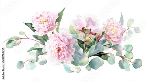 Fototapeta Naklejka Na Ścianę i Meble -  A delicate watercolor illustration of pink peonies and eucalyptus leaves, showcasing botanical beauty.
