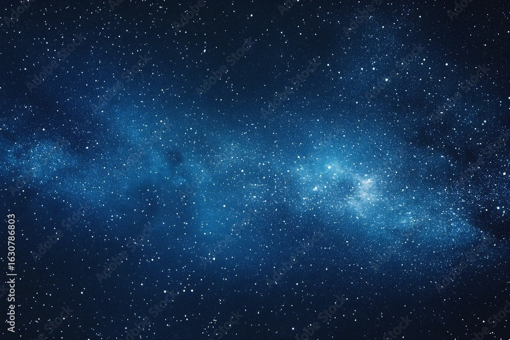 Naklejka premium Starry sky background, blue night sky full of stars, glowing stars in the dark space, starry background, dark night, stars in the distance, starlight, dark background with a blue glow, night sky. 