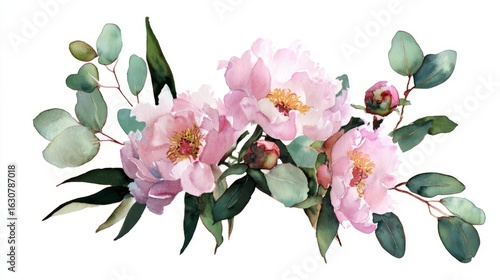 Fototapeta Naklejka Na Ścianę i Meble -  A delicate watercolor illustration of pink peonies and eucalyptus leaves, showcasing botanical beauty.
