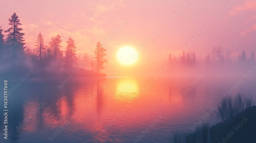Naklejka premium A serene sunset over a misty lake, with silhouettes of trees reflecting in the water, creating a peaceful and calming atmosphere.