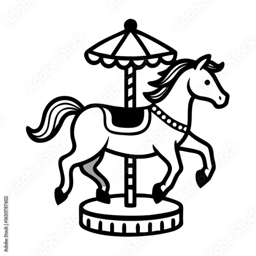 Vintage carousel horse with a canopy in black and white design  